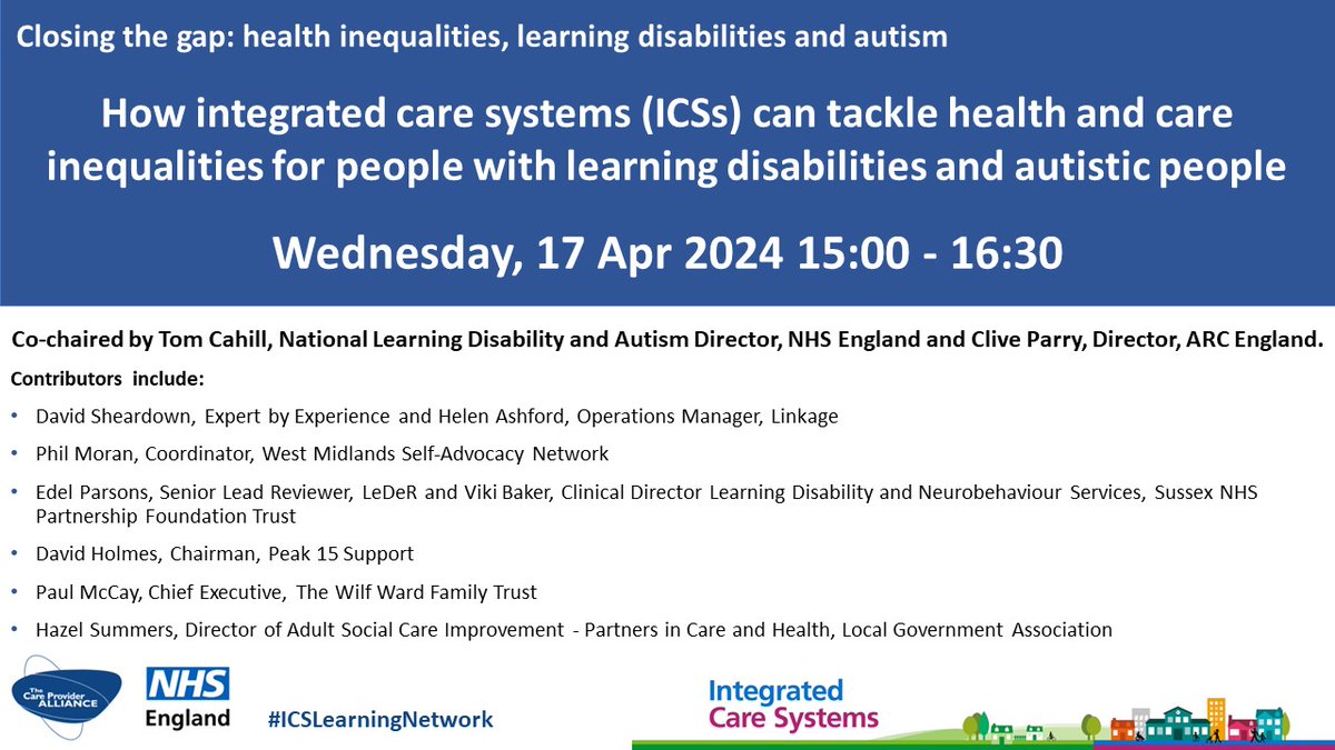 Have you booked for our next free #ICSLearningSummit, 'How integrated care systems (ICSs) can tackle health & care inequalities for people with #learningdisabilities and autistic people'? Join us this Wed, 17 Apr 15:00 - 16:30 👇👇👇 eventbrite.co.uk/e/closing-the-…