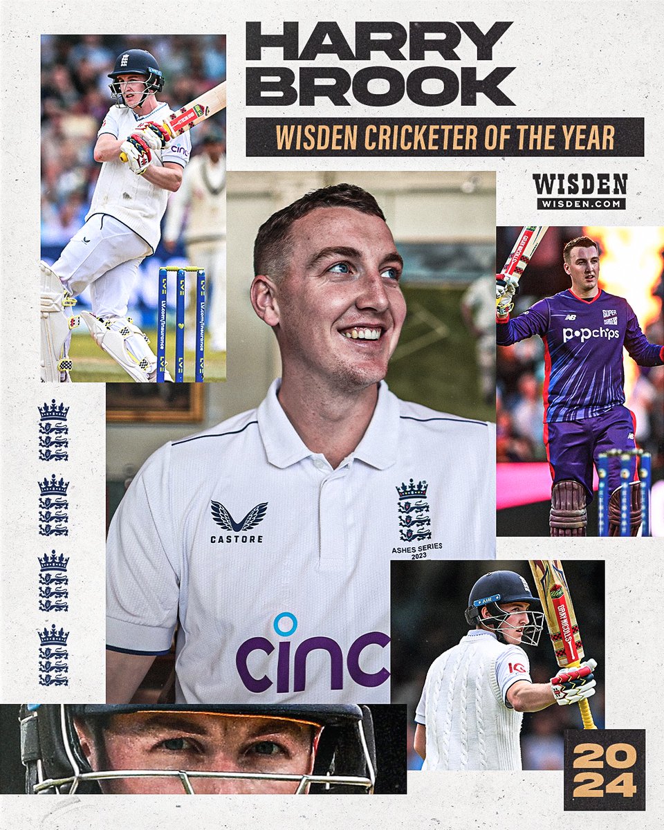 🏅 Wisden Cricketer of the Year 🏅 🏴󠁧󠁢󠁥󠁮󠁧󠁿 Harry Brook 🏴󠁧󠁢󠁥󠁮󠁧󠁿 363 runs @ 40.33 in the 2023 Men's Ashes – including 75 in the chase at Headingley and 85 at The Oval – and a blistering 41-ball ton in The Hundred 👏 #WisdenAwards