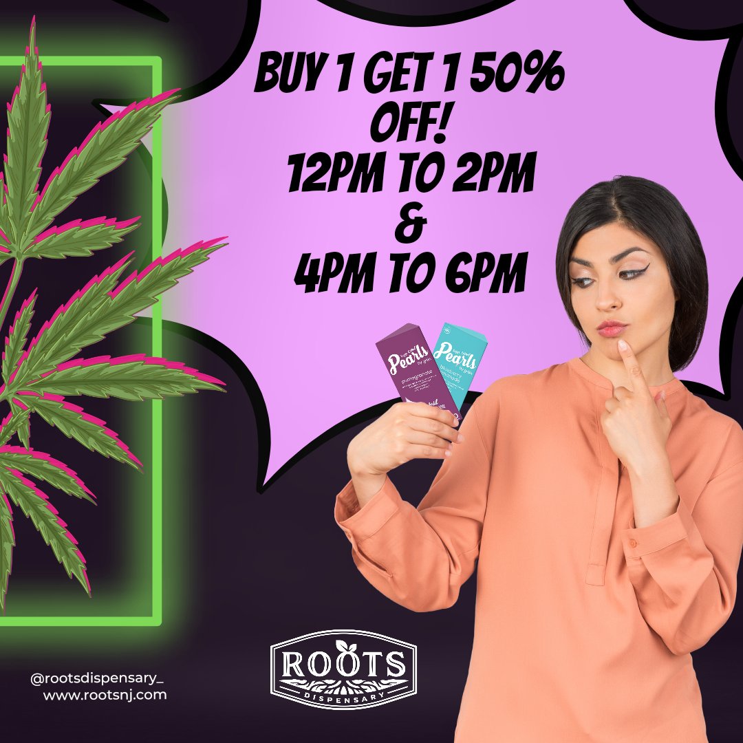 Have you tried Pearls by Grön? here's your chance! Today from 12pm to 2pm and then again 4pm to 6pm BUY 1 GET 1 50% OFF! Yup, y'all, I said 50% off. Don't miss out, stop by today! Visit our website for more 420 savings 🍃💨

#Trending #njdispensary #rootsdispensarynj