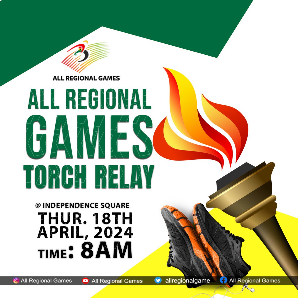 Get ready to witness history in the making. Join us at the Independence Square on Thursday, April 18th, 8 am, as we kick off the All Regional Games Torch Relay. Let's carry the flame of sportsmanship and unity across Ghana. #AllRegionalGames #ARGTorchRelay #UnityInSports