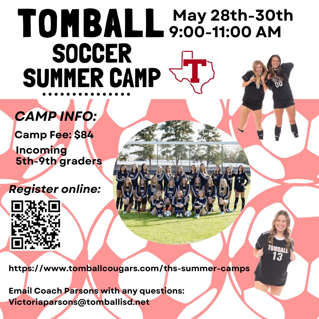 Calling all future Cougars!!! Sign-up for soccer camp is now opened! Register before May 13th to guarantee a t-shirt! ❤️🤍⚽️ @THS__athletics @TISDTIS @TJH_Athletics @CPJHAthletics