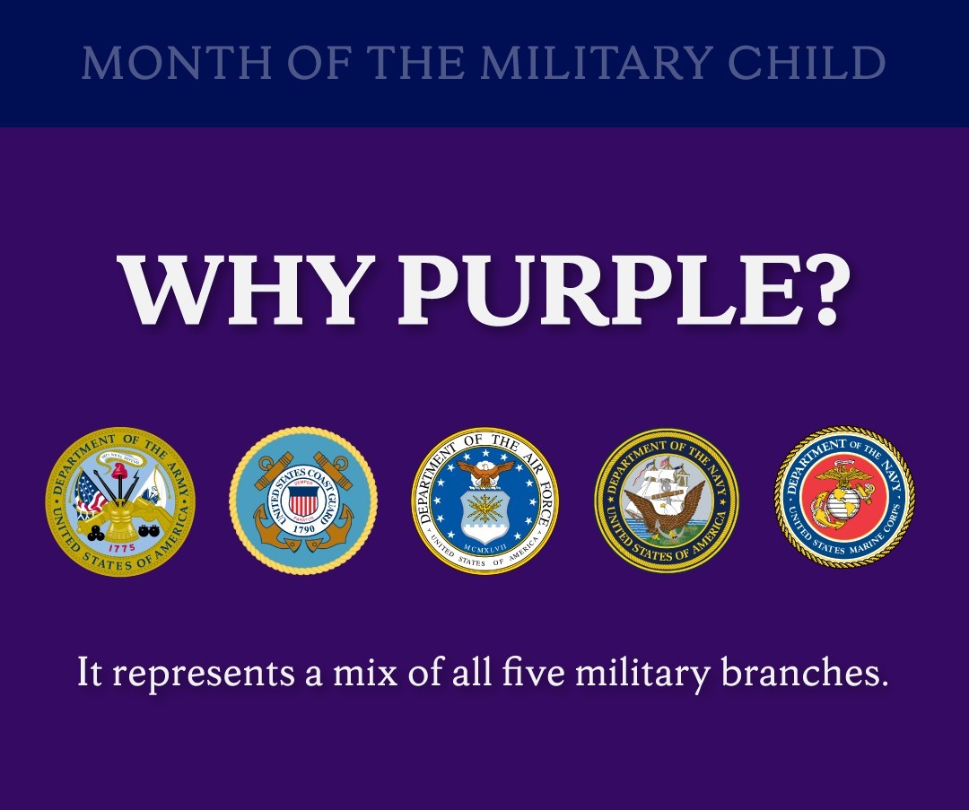 Today we celebrate Purple Up Day! Wear purple to honor and thank military children for their strength and sacrifices. Let’s show our support together! 💜 #MonthoftheMilitaryChild #PurpleUp