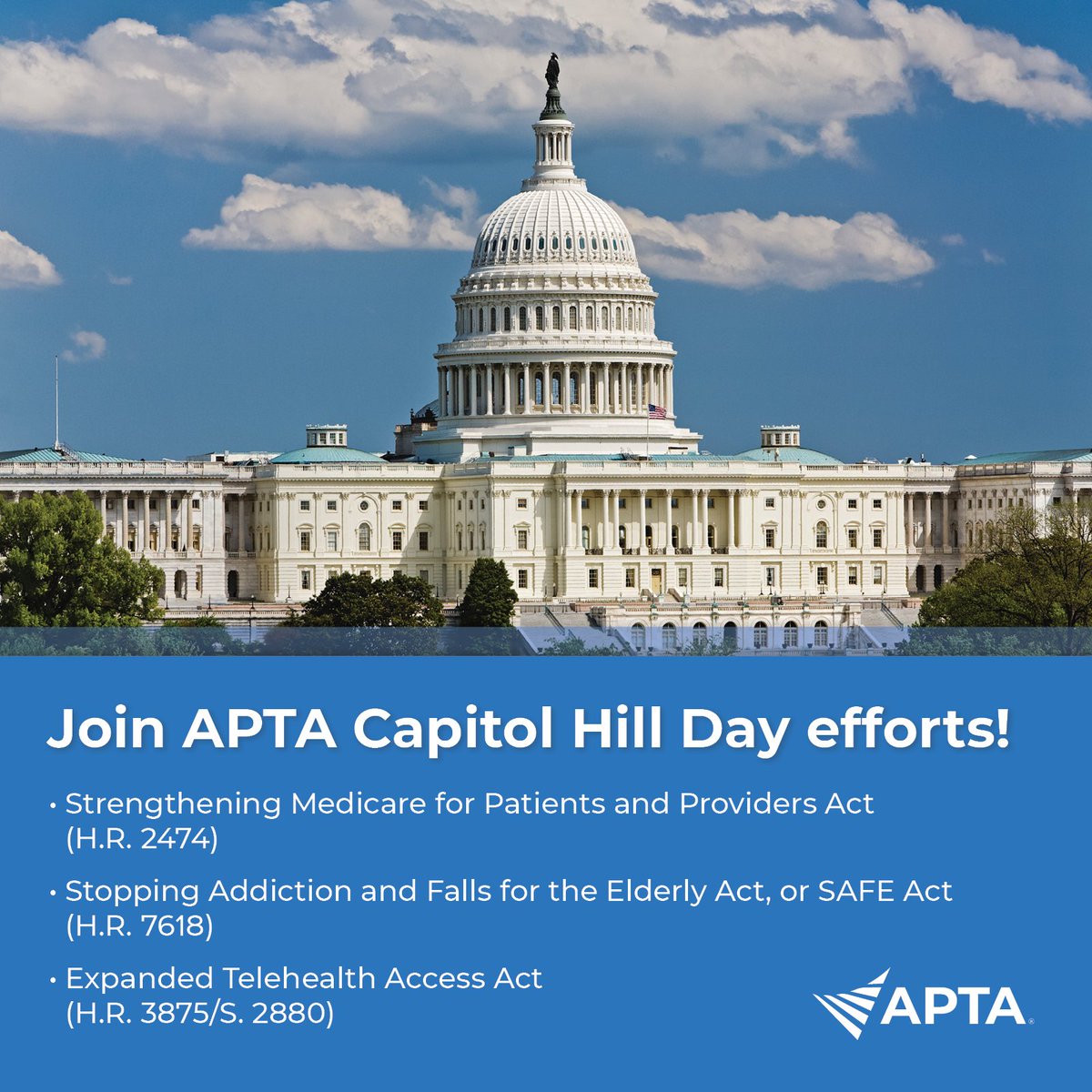 Join over 230 APTA members who are advocating for the profession this week at APTA Capitol Hill Day! 📣🏛️ Take a few minutes to let Congress know that physical therapy legislation is a priority: apta.org/advocacy/take-…