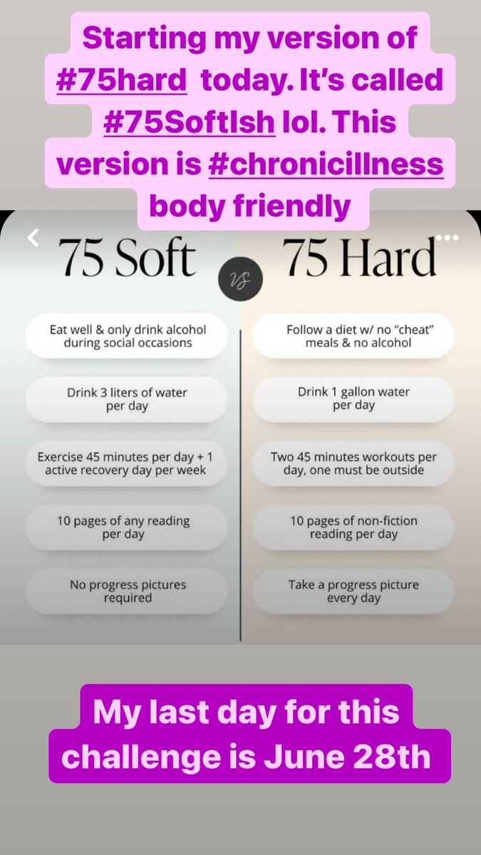 Starting my version of #75hard  today. It’s called #75SoftIsh lol. This version is #chronicillness body friendly. My last day for this challenge is June 28th. Will YOU join me? 
#75hardchallenge #fitnesschallenge #workoutchallenge #fitness #workout #workoutmotivation