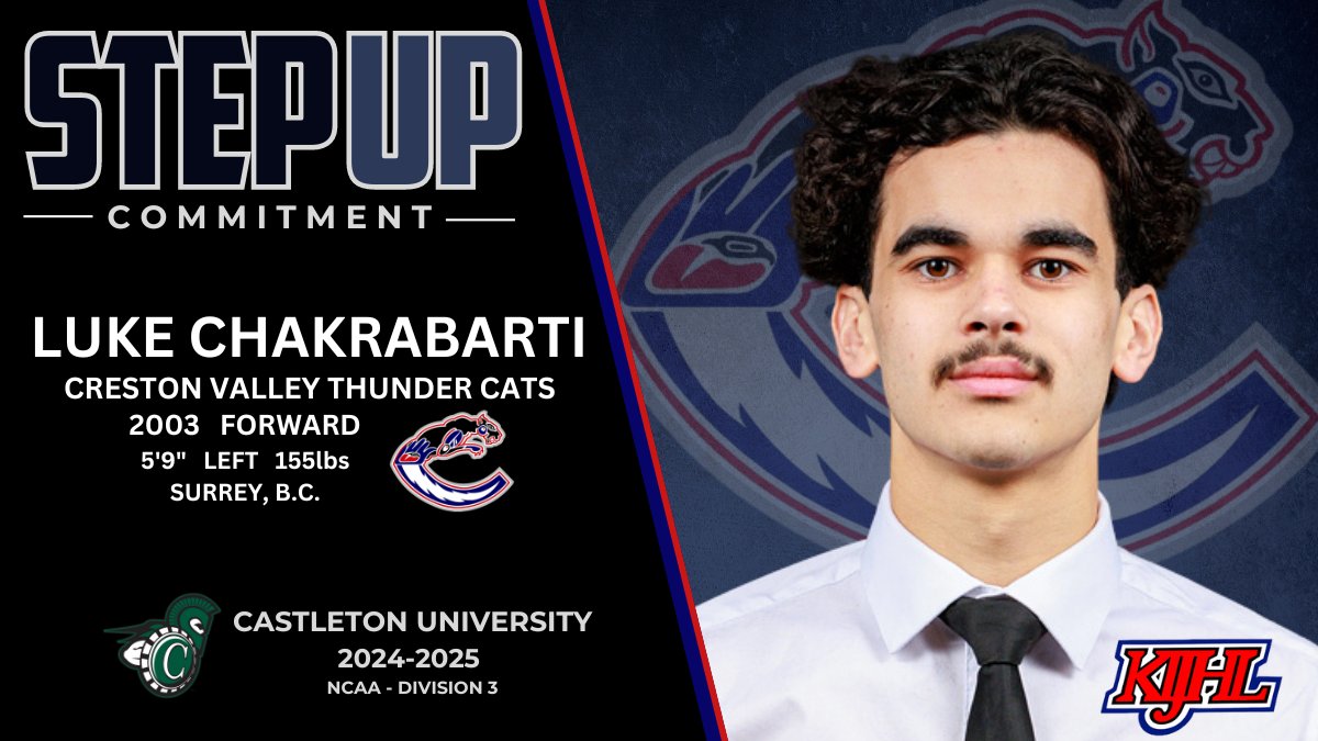 Luke Chakrabarti of the <a href="/CV_Thundercats/">Creston Thunder Cats</a> has committed to <a href="/CastletonMHky/">CU Spartans Men's Hockey</a> of the National Collegiate Athletic Association Division 3 for the 2024-25 season.
Details: ow.ly/r8Vy50RgtXg