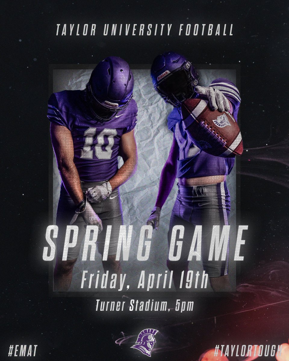 Join us at Turner Stadium this Friday at 5:00pm for our 2024 Purple / Gray game! Admission is free to the public. #TaylorTough | #EMAT
