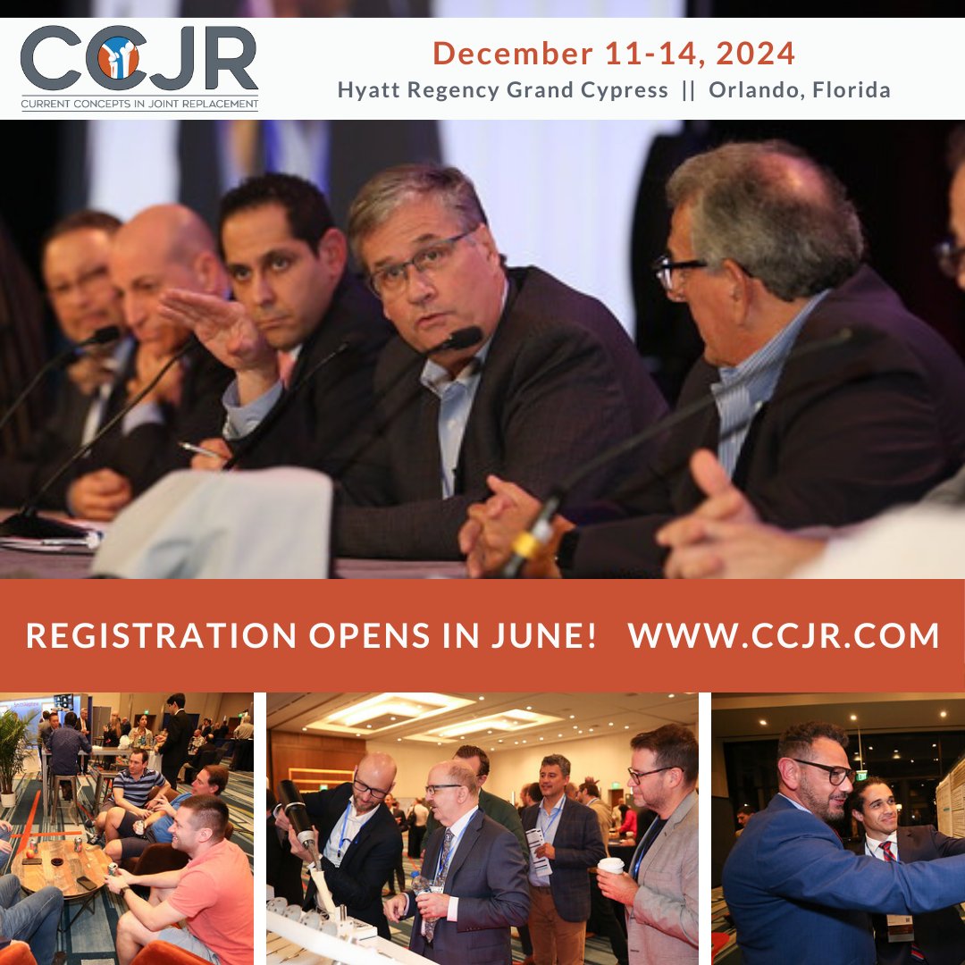 🌟 Explore cutting-edge topics for arthroplasty surgeons at CCJR 2024! 🌟 Registration opens this June. Don't miss out on this comprehensive event! Visit CCJR.com for details. #CCJR2024 #Arthroplasty #MedicalConference #CME #hip #knee