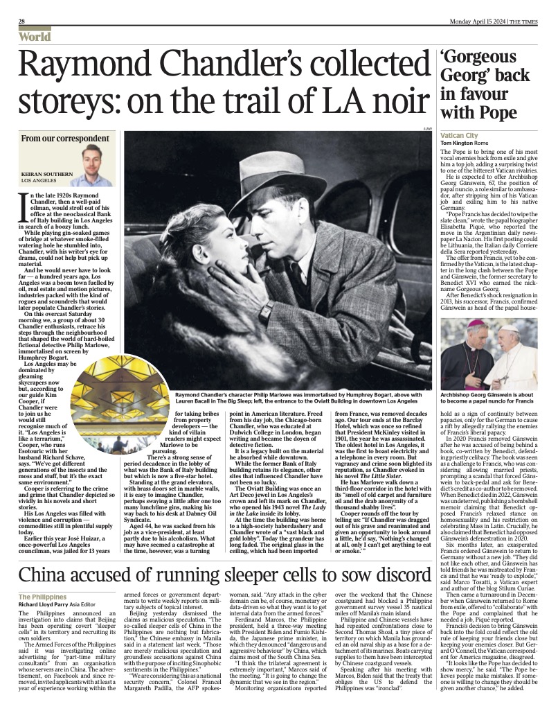 Times of London correspondent @keiransouthern joined us on Saturday's Raymond Chandler tour, for a moody walk through the mist. thetimes.co.uk/article/walkin… Excerpt: 'Los Angeles may be dominated by gleaming skycrapers now but, according to our guide Kim Cooper, if Chandler were...