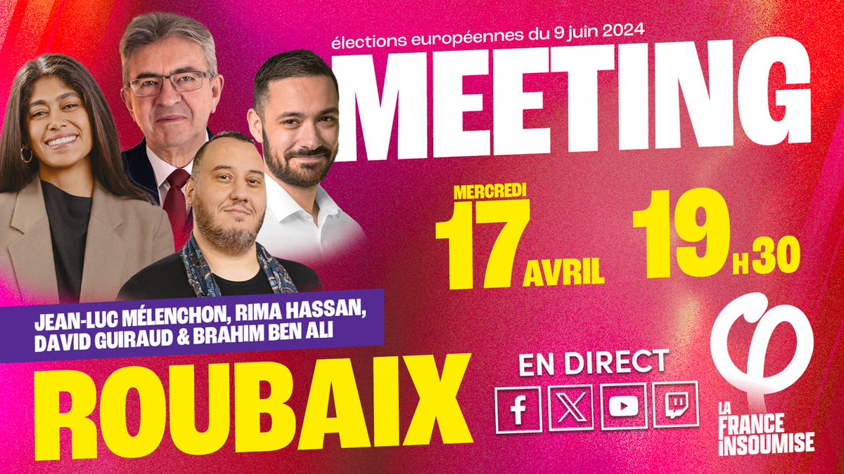 🔴 Ce mercredi 17 avril, rendez-vous à 19h30 pour un meeting à Roubaix avec @RimaHas, @JLMelenchon, @GuiraudInd et @BENALIBrahim20 ! 📺 En direct sur Youtube : youtube.com/live/-rDpUk9hk… #UnionPopulaire