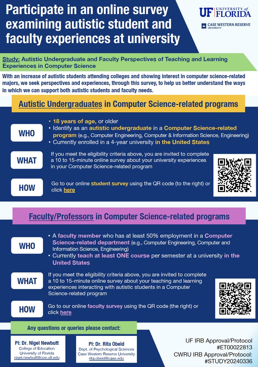 📢We're looking for #autistic undergrads and faculty in #computerscience disciplines to fill in a survey about their experiences in US higher education. Details below @Noahsasson @UFCARD 👩‍🎓UG Survey: tinyurl.com/yc8834nv 👨‍🏫Faculty Survey: tinyurl.com/2w732t7b