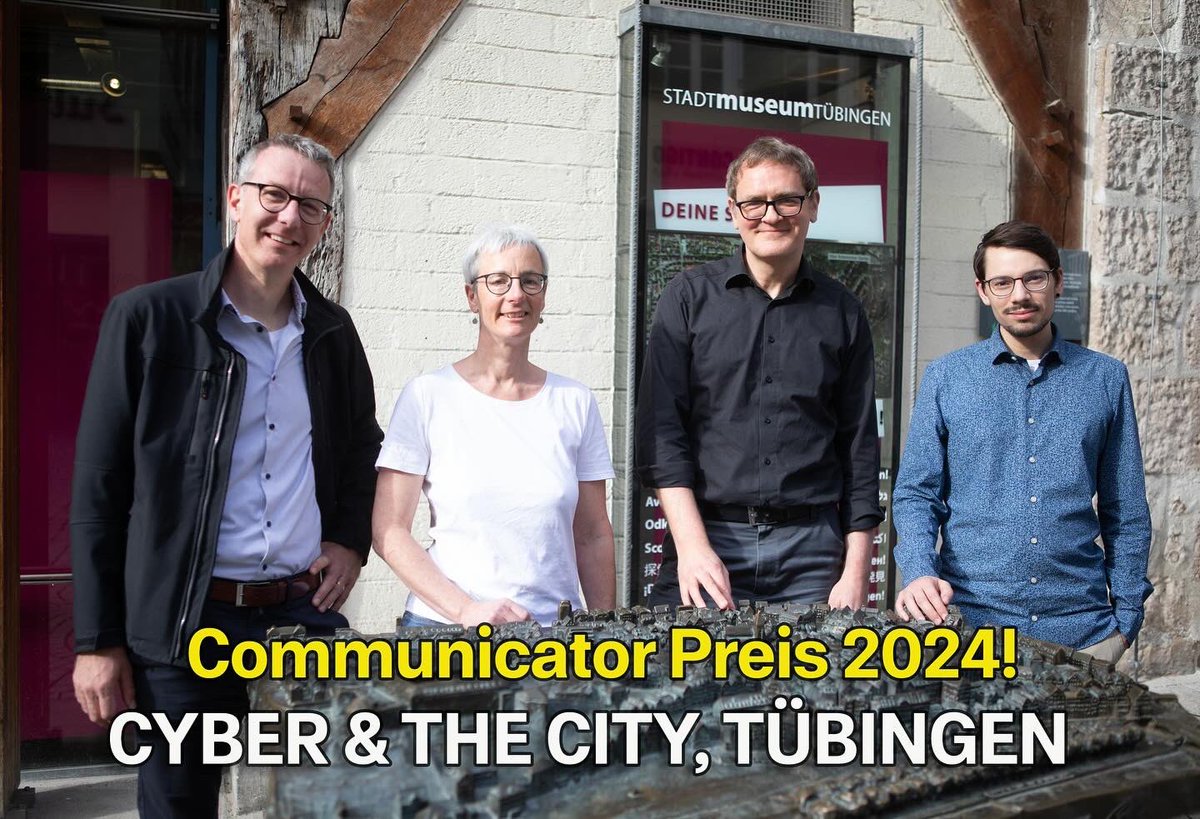 Als erstes Team aus #BW erhält Cyber & the City @uni_tue den Communicator-Preis von @dfg_public & @stifterverband Glückwunsch an Prof @UlrikeLuxburg, Prof. Thomas Thiemeyer & Tim Schaffarczik #KI @Cyber_Valley 👉 t1p.de/wbvhx