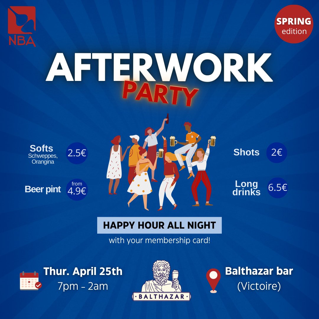 New NBAfterwork 🍻 , spring edition
Come for a drink and relax after your hard day of work!
🗓 Thursday April 25th, from 7pm to 2am
📍Balthazar bar (8 rue des Augustins, 33000 Bordeaux)
🍺Don’t forget your membership card to enjoy happy hour prices all night long on
Cheers!