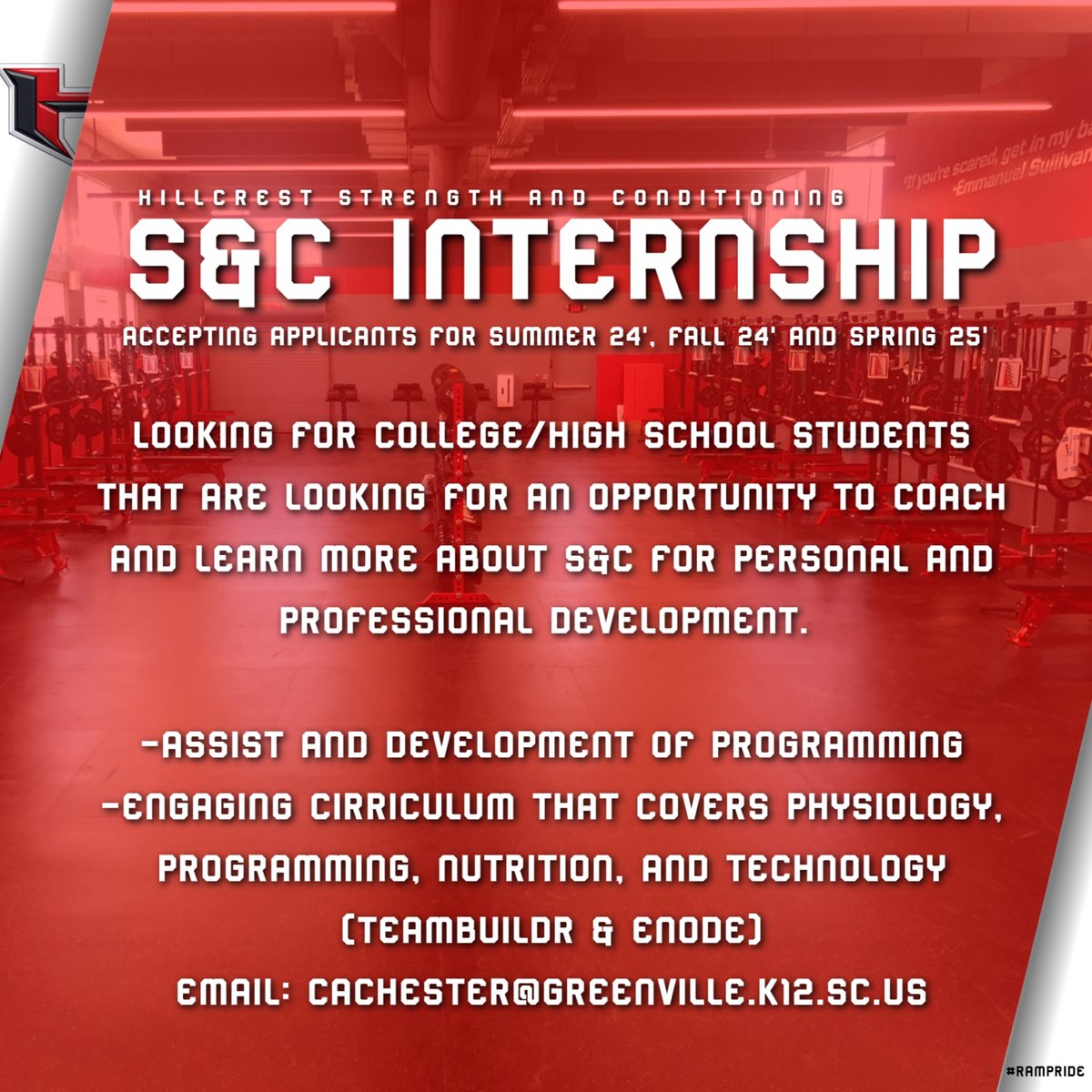 With the growing of our program we’re looking for interns to help meet the demand of our teams! Whether a high school or college student in the area who is interested in Strength and Conditioning, would be a good opportunity to learn with hands on experience.
