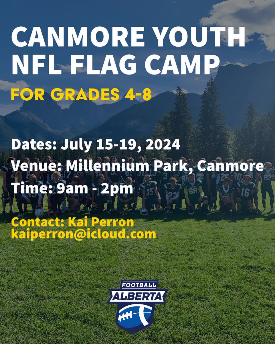 If your athlete is in Grades 4-8, here’s a great opportunity to try out the flag football sport. Against the scenic backdrop of Canmore, from July 15-19, there is a NFL Flag Football Camp being hosted. Get in touch with Kai Perron to register. 🏈🏈 #flagfootball #footballalberta