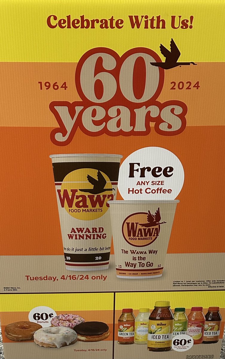 Stop by ⁦@Wawa⁩ tomorrow (4/16/24) to celebrate its 60th anniversary. Free any size hot coffee along with .60 cent donuts and pint sized Wawa branded teas/lemonades. In addition purchase a retro travel size coffee cup/mug. Come join the festivities 🎉🎊🥳