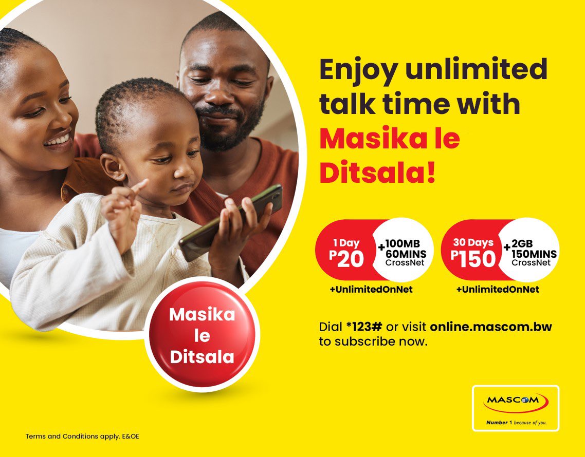 Enjoy unlimited talk time.! 🥳 Subscribe to Masika le Ditsala bundles, o bue jaaka o batla! Dial *123# or visit online.mascom.bw to get connected. #MasikaLeDitsala #Number1BecauseOfYou