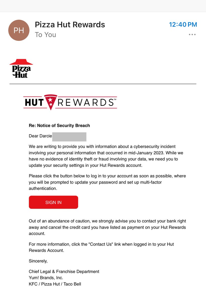 Had no idea I was enrolled in rewards for the Hut, but it’s definitely far too late to inform me of a security break from January 2023 ⁦@pizzahut⁩