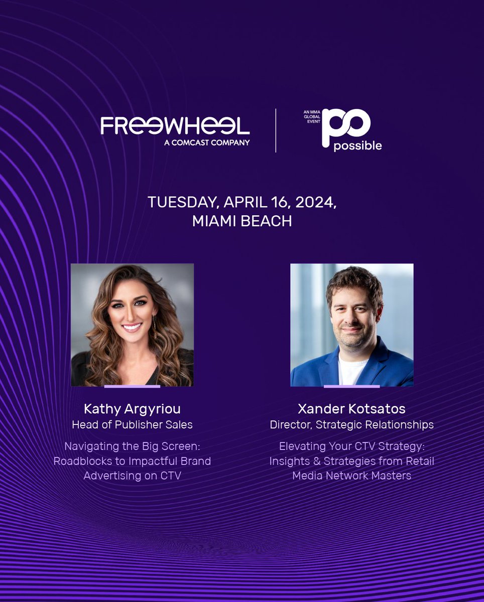 Everyone will be talking about POSSIBLE in Miami this week! If you're joining the action, catch Kathy Argyiou and Xander Kotsatos as they bring their expertise on the CTV ecosystem to the stage. 

Learn more: bit.ly/3W2dLBU

#POSSIBLE2024