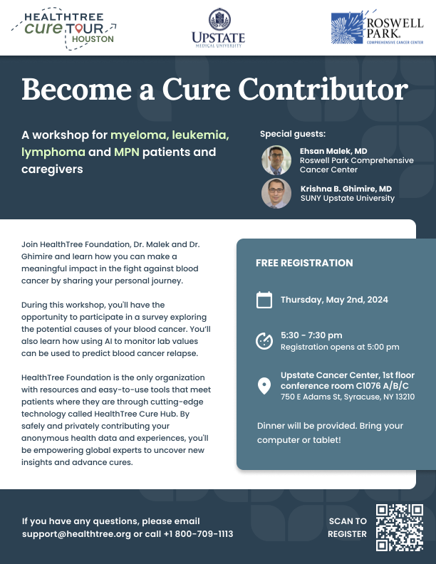 Join @HealthTree, Dr. Ehsan Malek and Dr. Krishna Ghimire and learn how you can make a meaningful impact in the fight against blood cancer. 🗓: Thursday, 5/2. ⏰ : 5:30-7:30 pm 📍 : Upstate Cancer Center Open our attached flyer to learn more!