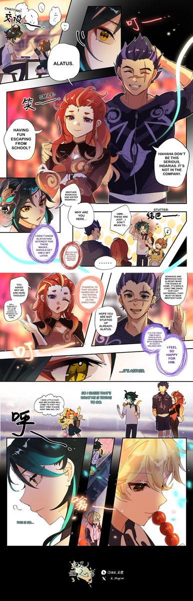 🍃💚💛INNER VOICE YET SPOKEN (3/5)
#XiaoAether 
This time is more about Xiao. The girl here is Little Luo from Qingce (to whom genshin Xiao returned doll to) 
Tho Aether didn’t appear much, he’s actually there whole time.
Hope the gentle and soft vibe here did get through🥺💓