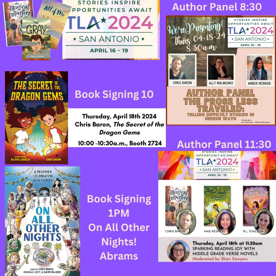 Here is a super messy graphic that shows the chaotic joy I feel for #TXLA24 All day Thursday! Come say hello! 📚8:30 Author Panel: ✍️10:00 Signing Little Bee Books-The Secret of The Dragon Gems) 📚11:30 Author Panel ✍️1:00 Signing: Abrams-On All Other Nights