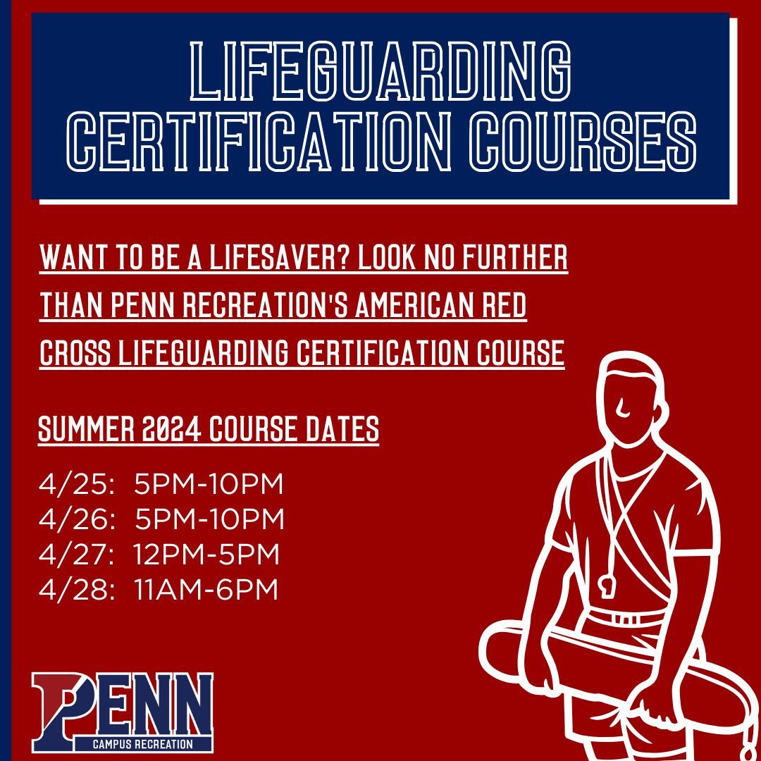 PennCampusRec's tweet image. 🏊‍♂️ Join our lifeguard certification course and make waves in safety. Register now to become a certified lifesaver! Details cam be found here and on the post:

4/25: 5PM-10pm
4/26: 5PM-10pm
4/27: 12PM-5pm
4/28: 11AM-6pm

 #SafeSwim #LifeguardCertification #Swimming