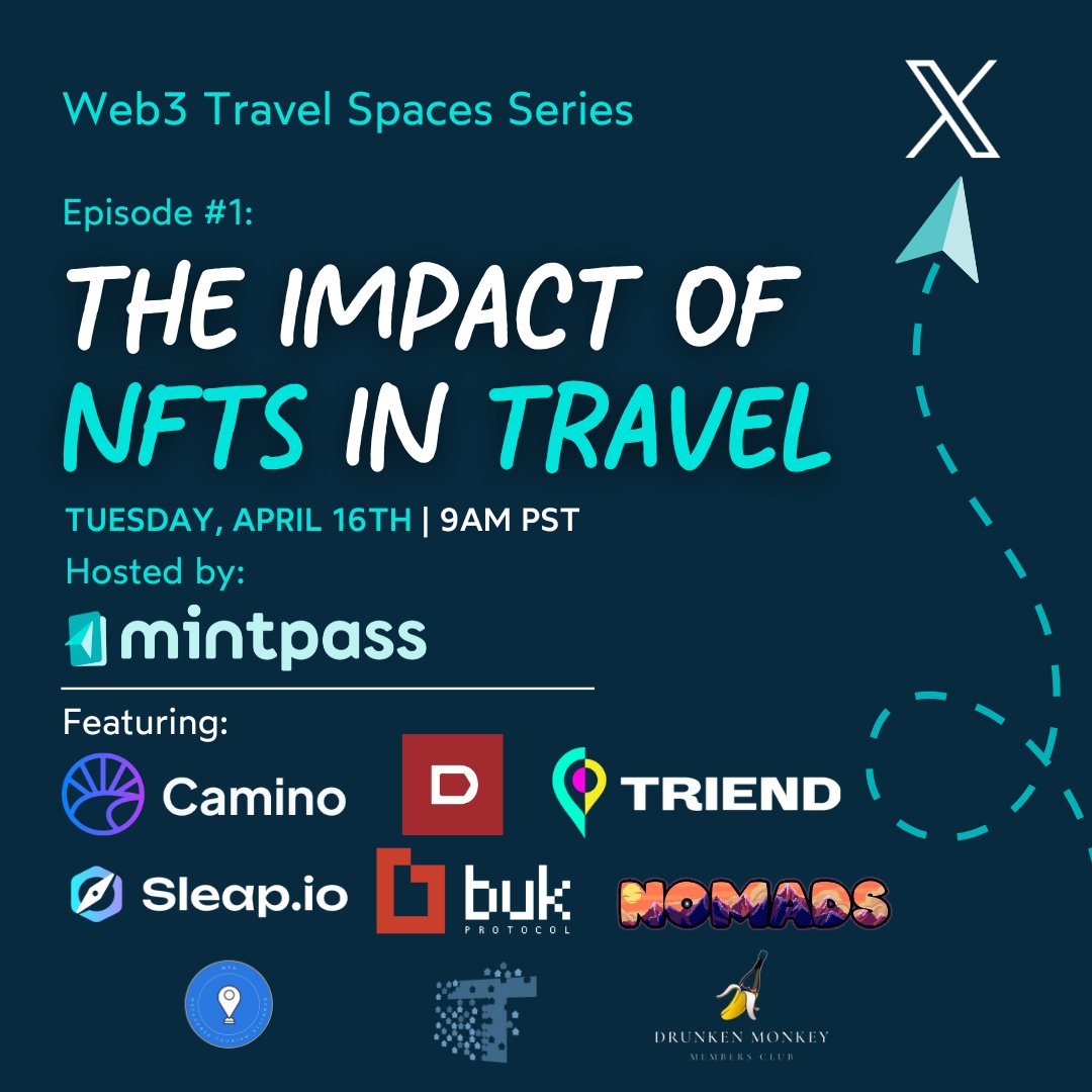 The first space of our 6-week web3 travel series starts TOMORROW! 📣 We'll be covering the impact of NFTs in travel with the most amazing lineup. 👏 Set your reminders! It's going to be a fun space. 🔔 x.com/i/spaces/1mnge… @camino_network @DtravelDAO @triendapp @sleap_io