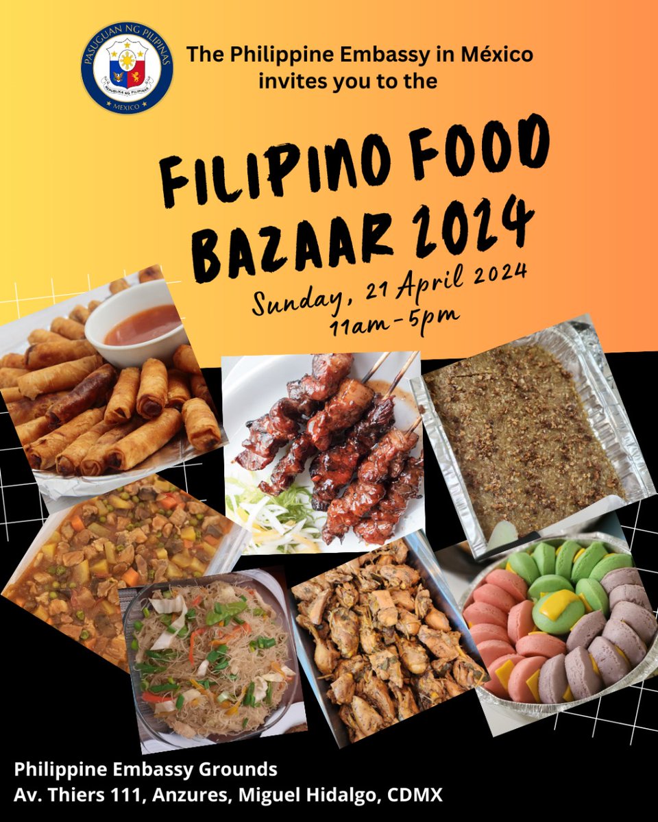 ¿Sin planes para el fin de semana? Asiste al Bazaar de Comida filipina 2024 para disfrutar de su deliciosa gastronomía 🇵🇭😋 📅 Domingo 21 de abril ⏰ 11 - 17 hrs 📍 Embajada de Filipinas en México