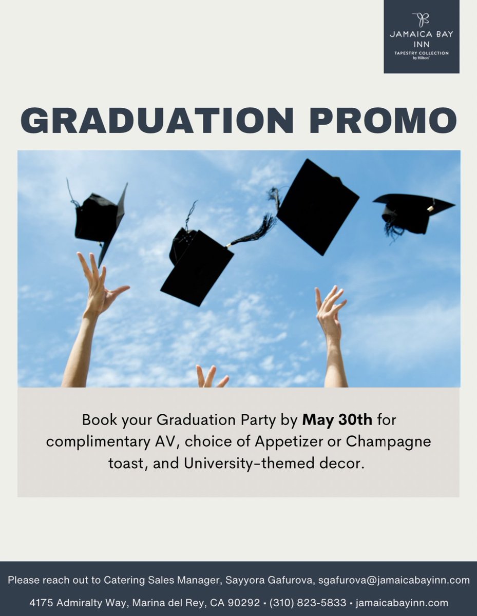 Get ready to celebrate in style with your beachfront graduation party. Book your last minute graduation party at Jamaica Bay Inn by May 30th and receive complimentary AV, choice of appetizer or champagne toast, and University-themed décor. 🔗jamaicabayinn.com