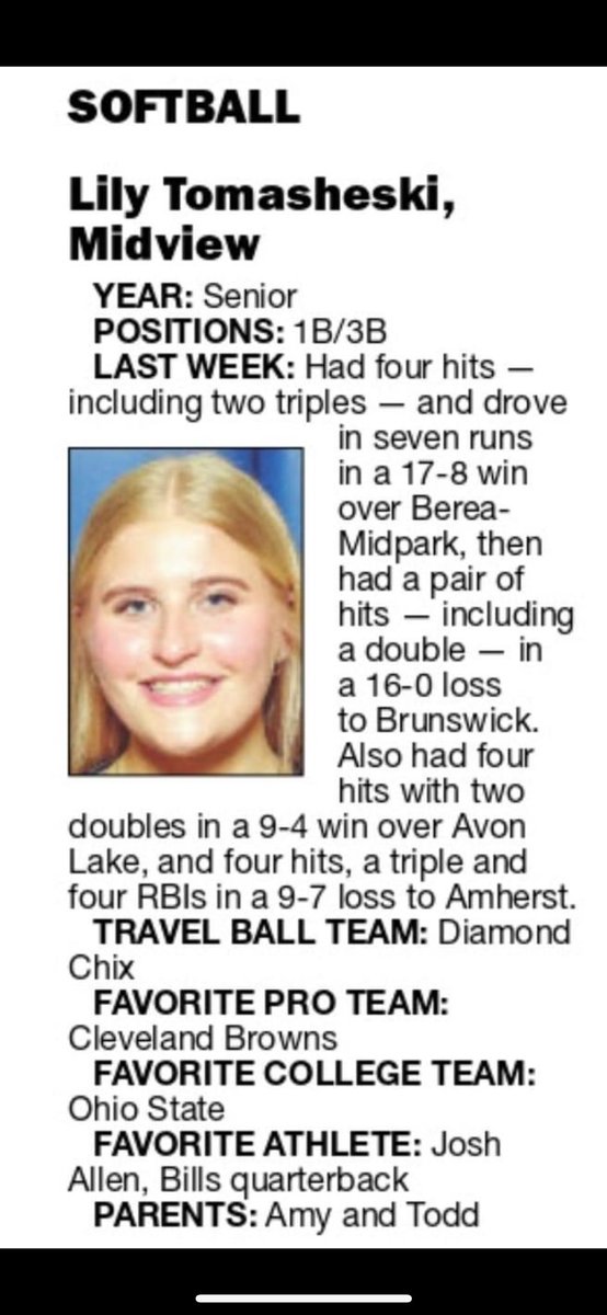 Congrats to <a href="/LilyTomasheski/">lily tomasheski</a> for getting Chronicles player of week! Keep the senior year rolling Lil!