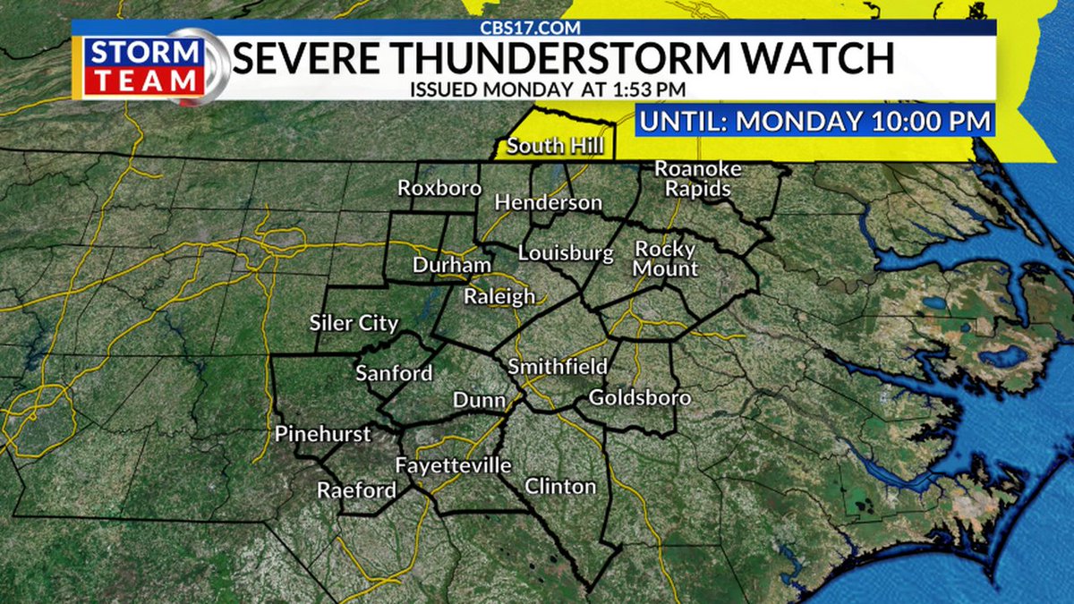 A SEVERE THUNDERSTORM WATCH has been issued in central NC. Hail & damaging wind is possible in these areas. Please stay weather aware! #ncwx