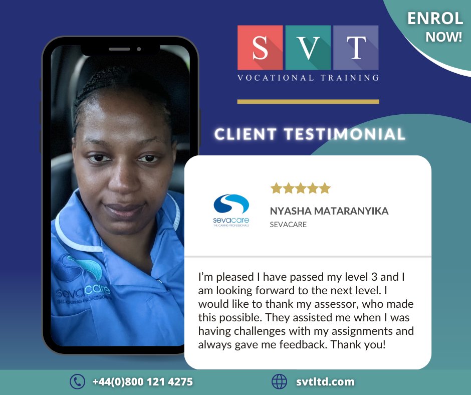 Let's take a moment to celebrate Nyasha Mataranyika from SevaCare for achieving her City & Guilds Level 3 NVQ Diploma in Adult Care with SVT. Congratulations to her for reaching this significant milestone 🌟 Call the SVT team for details on +44(0)800 121 4275 #svtltd #healthcare