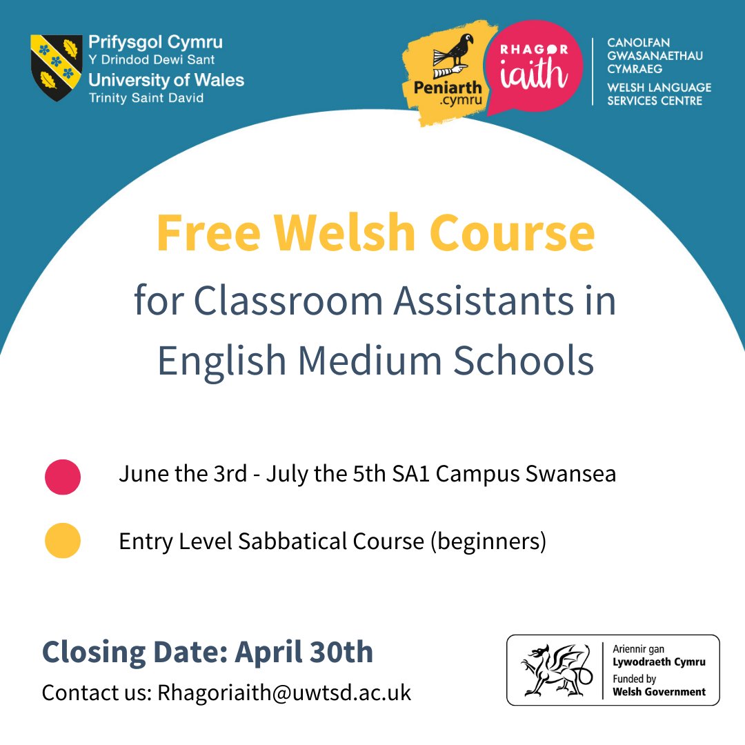 ⭐ Welsh Course for Classroom Assistants! ⭐ ➡️ A practical course for beginners to raise confidence and Welsh language skills. ➡️ Welsh Government provides supply costs and additional travel costs. Part-time staff can claim a bursary for the extra days.