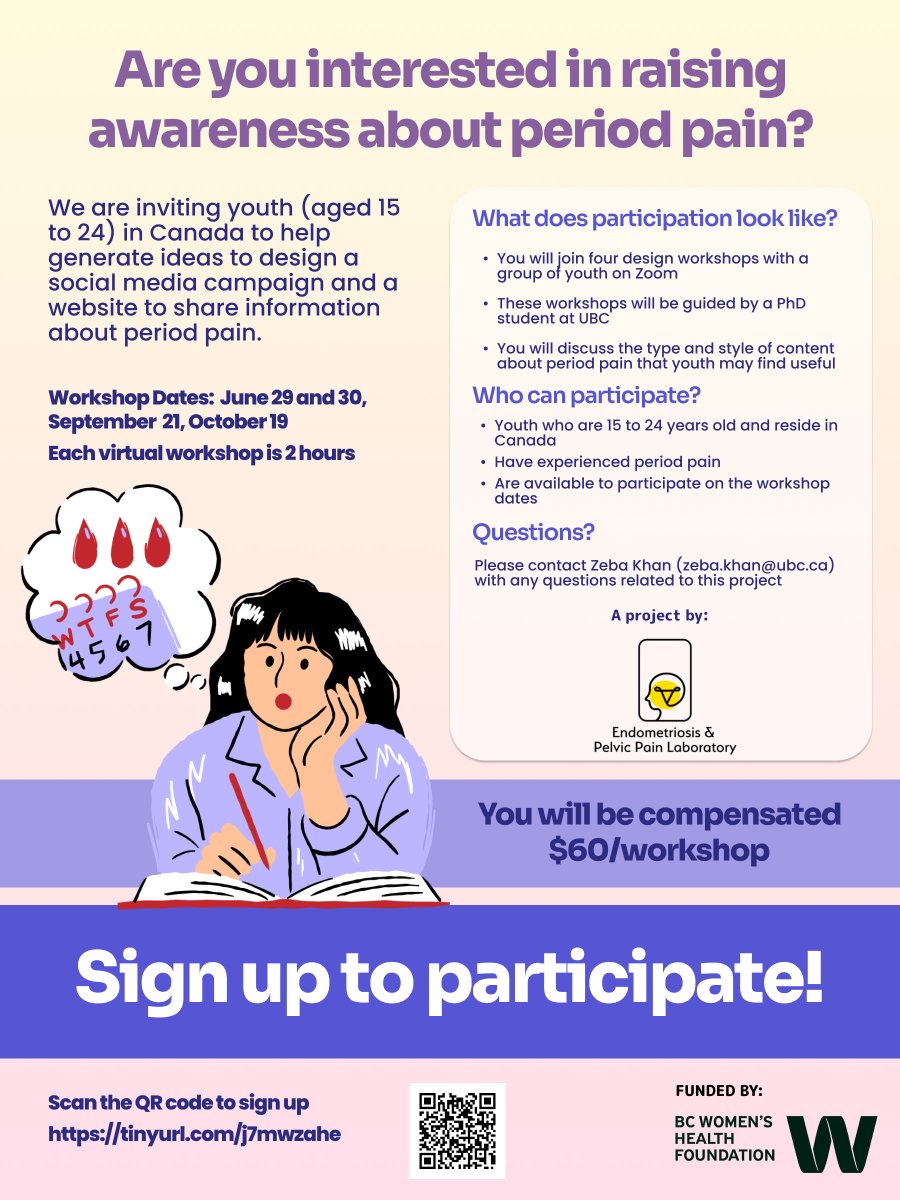 We are looking for youth partners to join us series of virtual workshops. Together, we will brainstorm ideas for a social media campaign and a website to share information about period pain. Interested in participating? Fill out this form: tinyurl.com/j7mwzahe