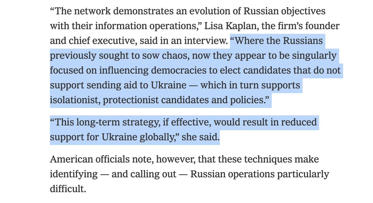 It's now well documented that we are already seeing Russian interference in this election, but this time it is singularly focused on Ukraine (ending aid, convincing politicians receptive to anti-Ukraine messaging). Read, if you haven't already. nytimes.com/2024/03/27/us/…