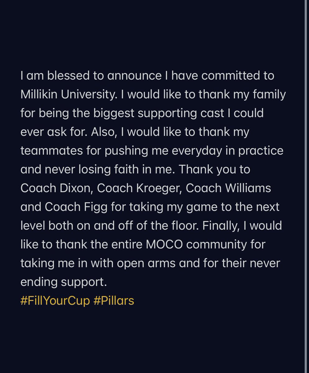 Blessed to announce my commitment to Millikin University! I am extremely grateful for this opportunity! 💙🤍
<a href="/Sk_All_Day_10/">Scott Kroeger</a> <a href="/CoachFigg13/">Dustin Figg</a> <a href="/Organic_Ky/">Kyran Dixon</a> <a href="/MoCoBoysHoops/">Montgomery County HS Boys Basketball</a> @MoFlightBlue <a href="/CoachMackMU/">Mack Snyder</a> <a href="/CoachKSodie/">Kramer Soderberg</a> 
#AllGlorytoGod