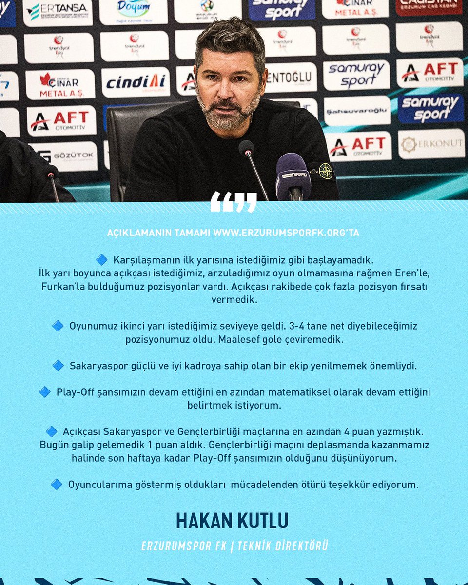 Teknik Direktörümüz Hakan Kutlu’nun, Sakaryaspor maçı sonrası açıklamaları Detaylar 👉 bit.ly/3UfysZM #ERZvSAK | 0-0