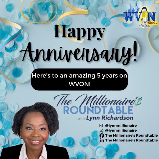 Happy 5th Anniversary to Dr. Lynn Richardson and the Millionaire Roundtable on WVON! 🍾 Dr. Richardson's dedication to the community is truly inspiring. Here's to many more successful years ahead! Wishing Dr. Lynn Richardson a very happy anniversary!💐🙏🏾 @lynnmillionnaire