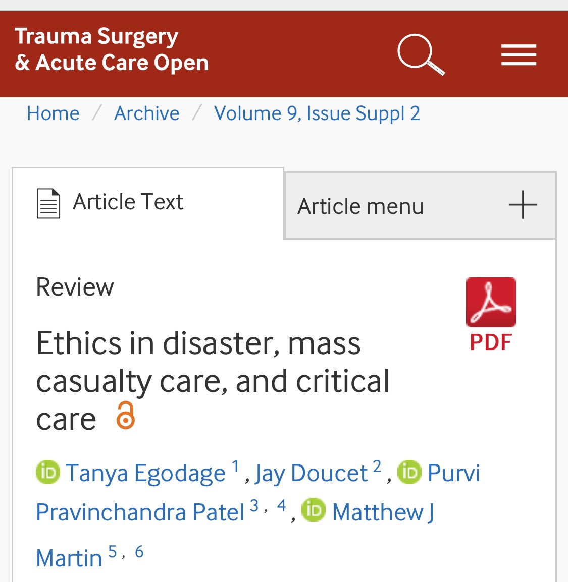 @pppatelmd @DrTanyaEgodage @docmartin22 @PMHTrauma_ALE @kmattox1 @TCCACS Great paper by @DrTanyaEgodage @jaydoucet @pppatelmd @docmartin22 in #TSACO based on panel at @TCCACS Medical Disaster Response Response Course #TCCACS24 #TCCACS2024 “Ethics in disaster, mass casualty care, and critical care” tsaco.bmj.com/content/9/Supp…