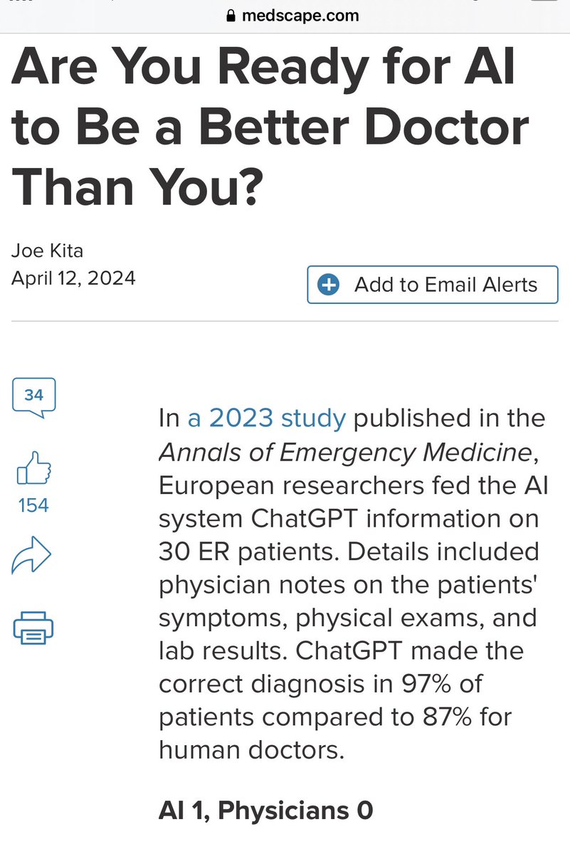 If you are a doctor who lacks critical thinking skills and follows orders/protocols, be prepared for AI to be a better doctor than you…