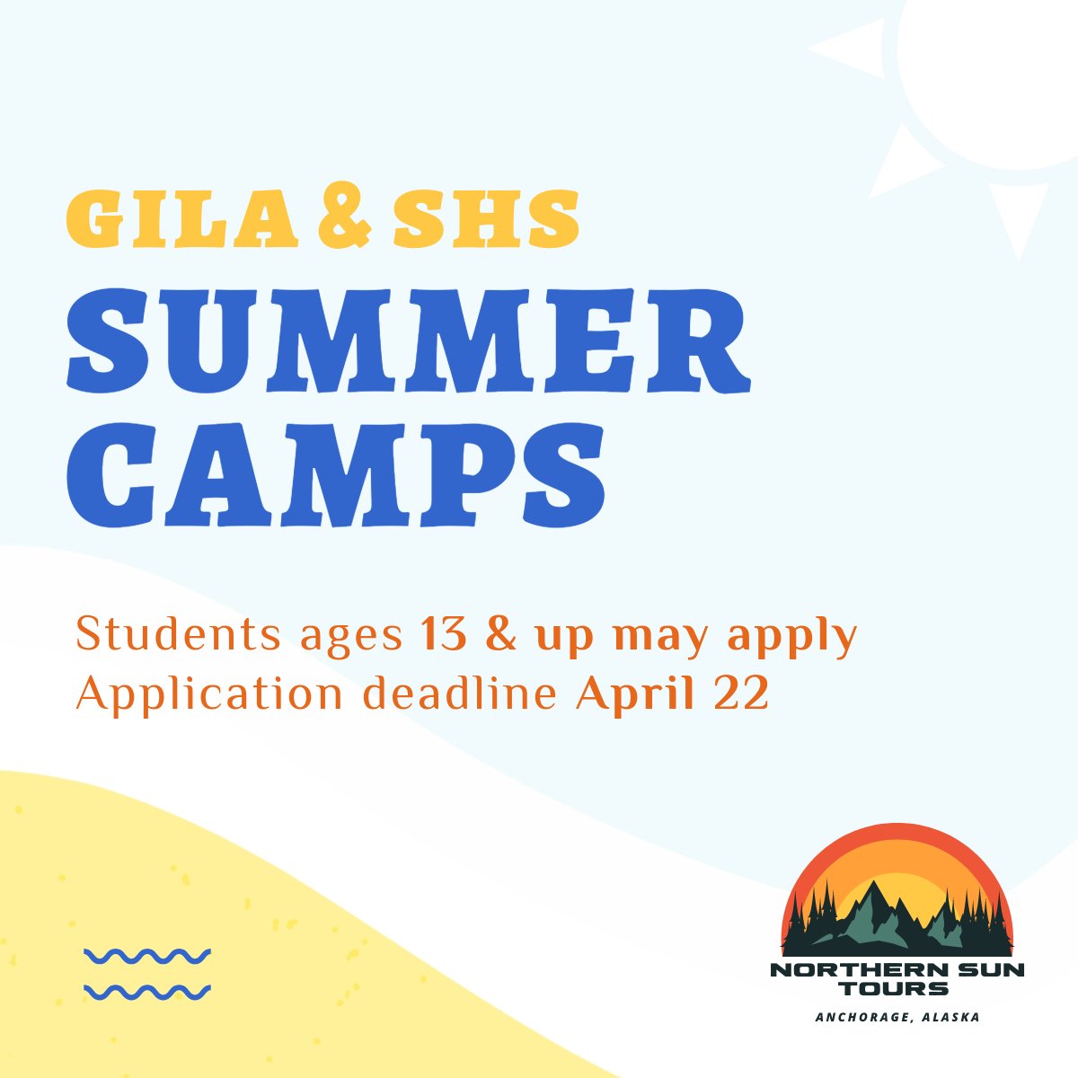 GCSDAlaska's tweet photo. This summer, GCSD will provide scholarships to enroll students in camps hosted by Northern Sun Tours! 
☀️ 🛶 🏔️

Please click the link for specifics + instructions on how to apply!

🔗 https://t.co/N2Y4hzfKKn https://t.co/i58MB2jRdA