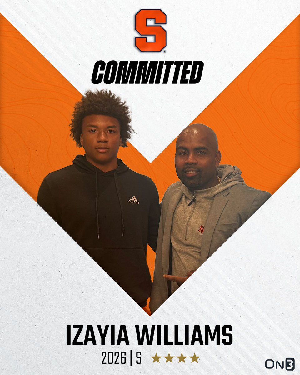 🚨BREAKING🚨 2026 On300 4-star safety Izayia Williams has committed to Syracuse🍊 Williams ranks No. 49 NATL. (No. 5 SAF) in the 2026 On300⭐️ More from @SWiltfong_: on3.com/college/syracu…