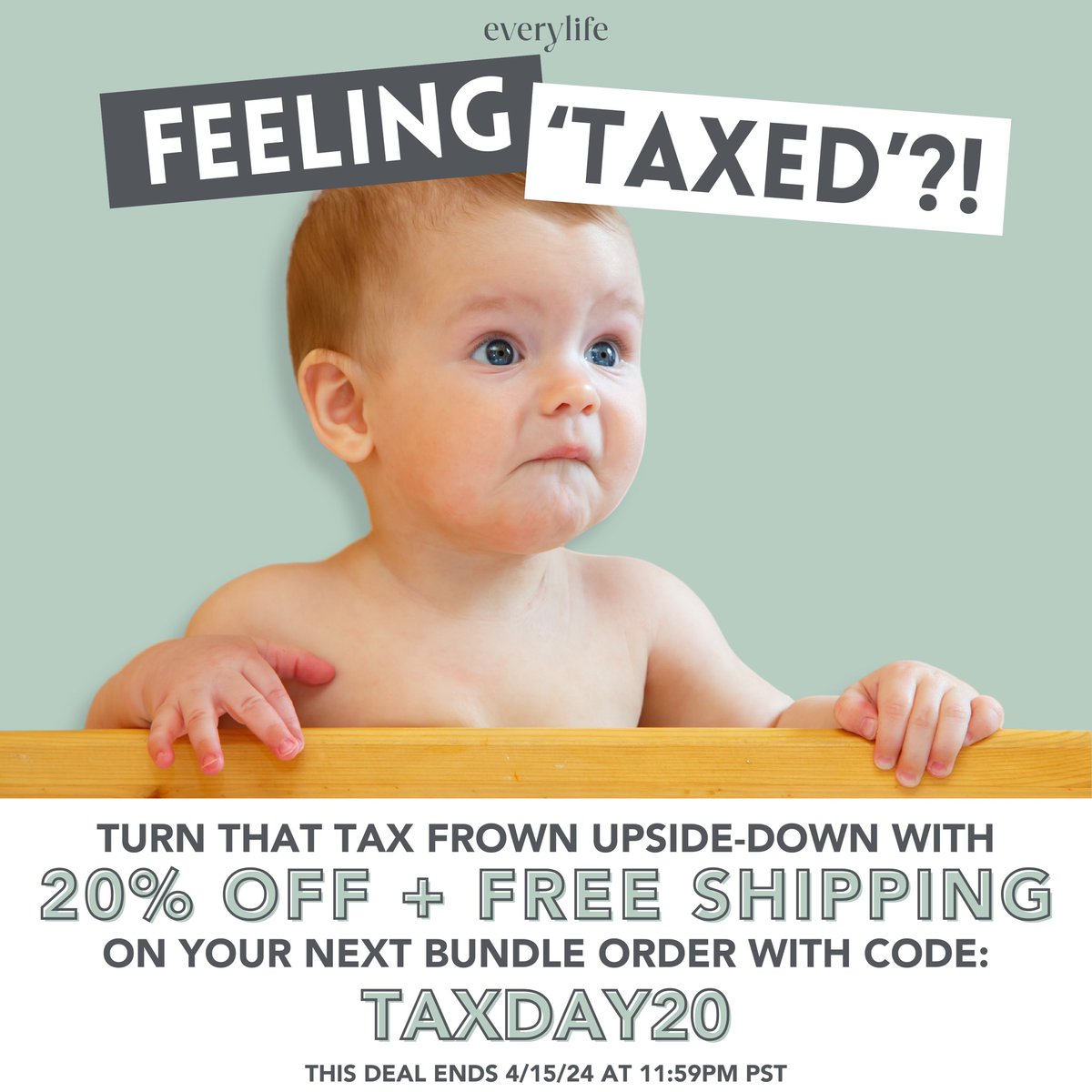 everylife's tweet photo. Don’t let taxes get you down! Enjoy 20% off + FREE SHIPPING on your next bundle order with code: TAXDAY20

Shop here: https://t.co/srjoZcTs0R

Hurry! This deal ends at TONIGHT at 11:59pm PST! https://t.co/k1V0pZBhWH