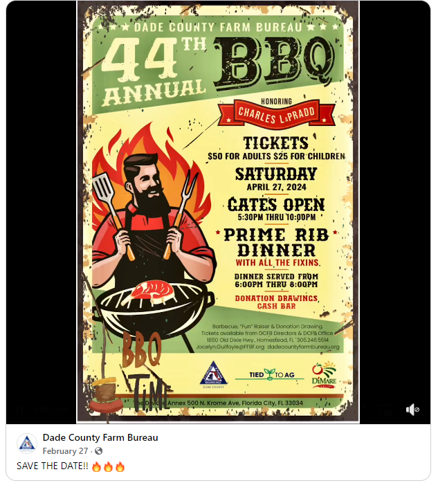 Mark your calendars to attend the 44th annual Dade County Farm Bureau BBQ. trec.ifas.ufl.edu/trec-in-the-ne… @DadeCountyAg