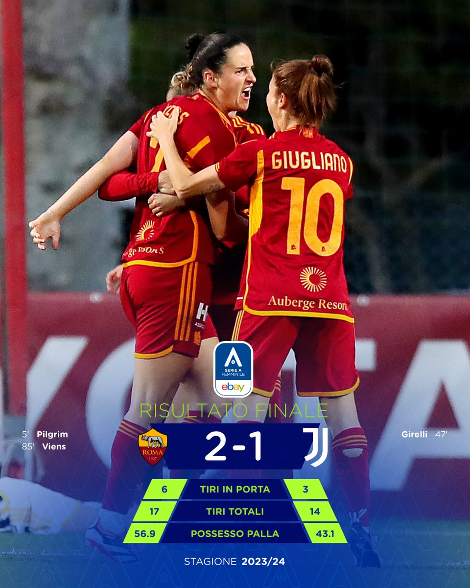 𝗙𝗨𝗟𝗟 𝗧𝗜𝗠𝗘 | #RomaJuve ⚔️

Vince la Roma 🟡🔴

#SerieAfemminile eBay 💥