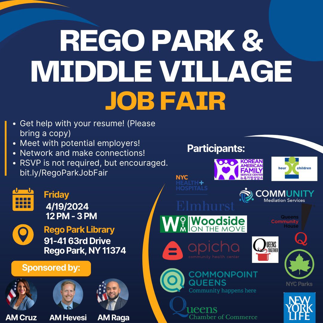 We're excited to partner with @CatalinaCruzNY and @AM_AndrewHevesi for our upcoming #MiddleVillage and #RegoPark Job Fair this coming Friday. 

You can get help with your resume, meet potential employers, network and more!

For more information: bit.ly/RegoParkJobFair.