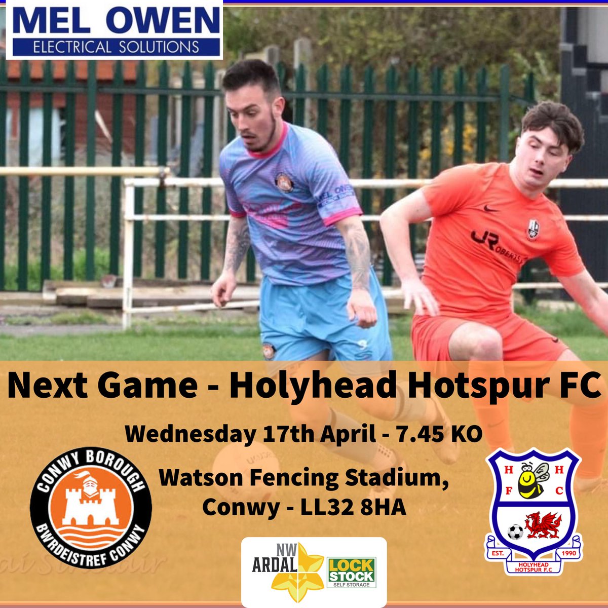 Next Fixture ➡️ 🆚 Holyhead Hotspur FC 🗓️ 17/04 🕰️ 7.45 kick off 📍 Watson Fencing Stadium, Conwy - LL32 8HA We entertain an in-form Holyhead side this Wednesday. The lads will be looking to bounce back from the weekend’s disappointment - come down and support the lads 🧡🍊