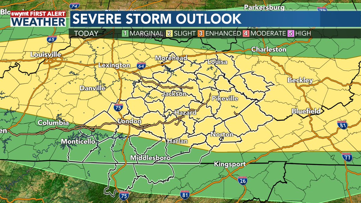 FIRST ALERT: Scattered thunderstorms are possible this afternoon and evening, and some could pack a punch with gusty winds, heavy rain and hail. A Level 2 Slight risk of severe weather is in place for most of the region. wymt.com/weather/?utm_s…
