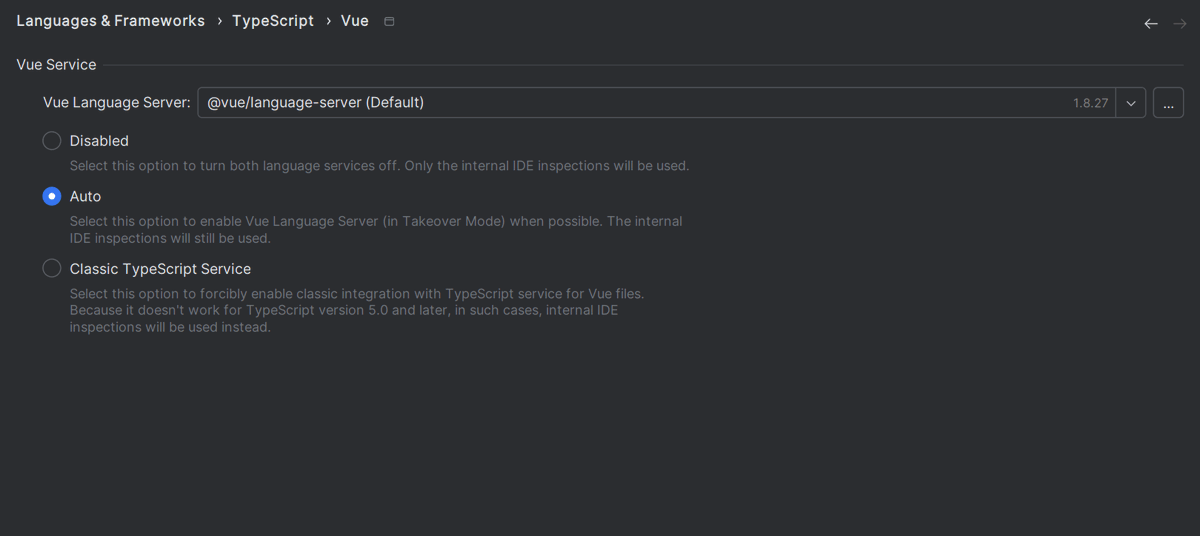 WebStorm, a JetBrains IDE (@WebStormIDE) on Twitter photo 2024-04-15 17:55:07 Vue Language Server is now enabled by default for all Vue projects, including Nuxt-based ones. If needed, you can opt out of using it via Settings | Languages & Frameworks | TypeScript | Vue. #NewInWebStorm Vue Language Server is now enabled by default for all Vue projects, including Nuxt-based ones. If needed, you can opt out of using it via Settings | Languages & Frameworks | TypeScript | Vue. #NewInWebStorm