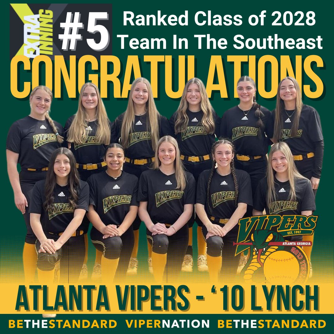 We would like to congratulate the Atlanta Vipers Gold 10 Lynch 13U team for their recent team ranking by Extra Inning Softball. The team was ranked 5th out of all class of 2028 teams in the southeast. Way to go team & coaches! @ExtraInningSB @AtlVipersGold10 #BeTheStandard